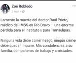 Lamenta Zoé Robledo muerte de doctor Raúl